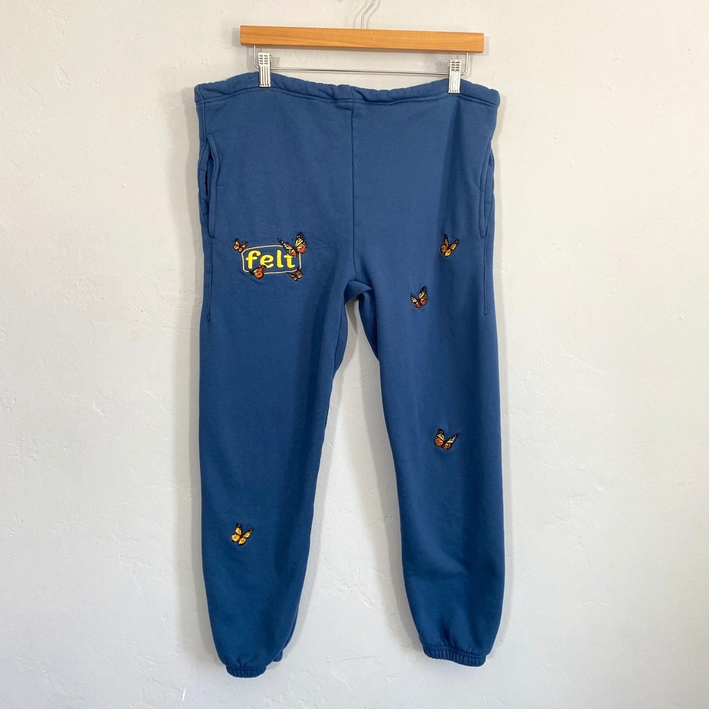 Felt Embroidered Sweatpants Men Size XS Blue Butterfly Drawstring Fleece